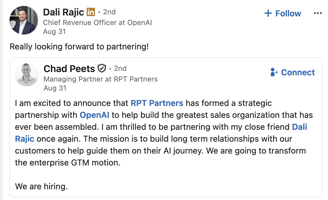 thedealdirector's tweet photo. OpenAI, SpaceXAI and Cognition all claim to be building "the best GTM team in the world," yet the same sourcing company is doing the hiring for all three.

Why do the new sales leaders at these AI natives all come from the same background: Snowflake, Grafana, MongoDB, Zscaler, Rubrik, Datadog? Why do they only seem to hire reps referred from one of these companies?

It's called the playbook mafia, and it's part of the underbelly of tech sales today. The high-level story is simple. PTC was one of the moderately successful enterprise tech companies of the 1990s, and one of its sales leaders, John McMahon, popularized a qualification framework called MEDDPICC.

The team that worked directly for John went on to different parts of the industry, notably companies like MongoDB and Snowflake. They created sales cultures built on high pressure to generate new pipeline and a big focus on following a single process in their daily work. Those who played along were paid handsomely, and those who didn't were kicked out quickly.

Are these bad things? Not in isolation. We want mission-driven individuals in tech sales, and we want them to hold themselves accountable to a high standard.

The catch with playbook companies is that nobody has rethought what the "playbook" looks like since its heyday at the peak of the ZIRP era. The profile for success is changing, and a heavy focus on personal drive and quality of execution is now table stakes.

When they say "we will build the most successful GTM team in the world," the obvious question is: have you done it before?

Microsoft Azure has built exceptional account teams, closing billions of dollars with single customers, and has $124B ARR.

Anthropic reached $64B ARR while asking every employee to swear on the Claude Constitution.

Databricks reached a $7B run-rate, outplaying Snowflake, which had a massive early lead.

Yet for some reason, none of the best-performing sales reps at these companies are a "fit" for a playbook company. In fact, if you listen to a recent interview with Chris Degnan, their profile is undesirable. Sales reps who are industry experts, have technical insight and thrive at building successful long-term sales cycles (consumption contracts) are frowned upon.

The goal is to only hire people who show "grit" and want to work for YOU. And if they do well, we will push the company to PAY AS HIGH AS POSSIBLE to retain them. There is no interest in what the best strategy is for the company or its customers. It's about MY team and MY people.

So what we're seeing now is the same group of leaders, and the sales reps loyal to them, moving into AI-native companies. If you want a shot at working for those companies, you need to go back to the "training factories" like Snowflake or MongoDB first.

In the ugly situation with Factory and Cognition, the tribal lines became obvious. The shocking part wasn't just the breach of trust of advising one company and then becoming CRO of its competitor. It was that the most important thing to mention in the announcement was "I'm bringing my friend and business partner to hire all the reps at the new company."

What played out is no surprise to those who have seen firsthand how the playbook mafia behaves when things go sideways. Take a look at Lacework, and how Andy Byron (the CEO who famously got caught at a Coldplay concert cheating with his HR leader) got pushed into a leadership role at Astronomer.

Something similar is playing out at OpenAI, where the current crop of sales leaders has been cleared out, even though the company had a great last quarter and pushed past Anthropic's ARR.

If you're a sales rep at a playbook company, it's important to remember that you're just a product, to be upsold to the next employer as long as you keep your mouth shut and nod along.