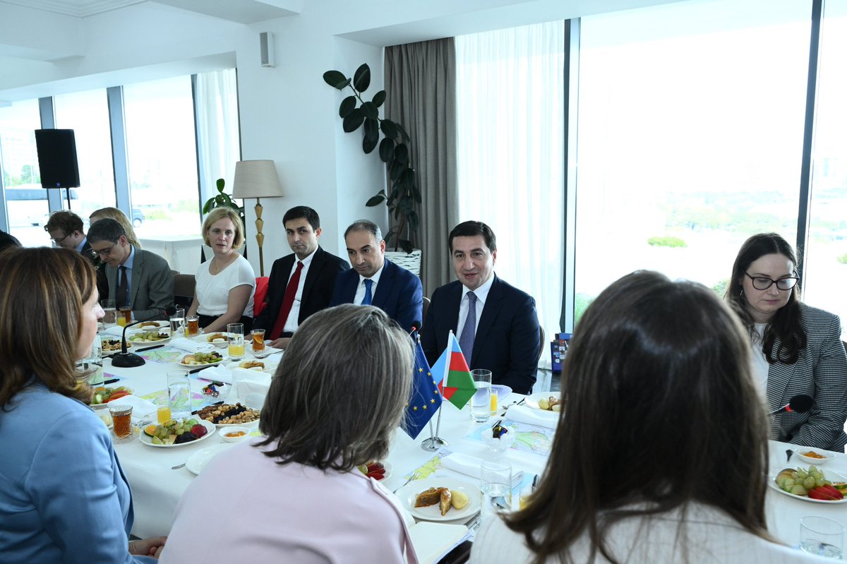 HikmetHajiyev's tweet photo. I was pleased to receive today the delegation of the EU Council Working Party on Eastern Europe and Central Asia (COEST) composed of representatives from more than 20 European countries.
 
EU-Azerbaijan partnership is of strategic importance and is developing on the basis of mutual respect, equality and shared benefit. Political dialogue has intensified through recent high-level contacts, and practical cooperation is gaining significant momentum.
 
Azerbaijan’s contribution to Europe’s energy security and its strategic role in regional connectivity, particularly through the Middle Corridor, are important dimensions of EU-Azerbaijan relations. At the same time, cooperation is being extended to clean energy, digital transformation and innovation, and investments.
 
This year, we have broadened our security dialogue into a Political and Security Dialogue and are working toward a new comprehensive bilateral agreement and renewed Partnership Priorities.
 
The evolving bilateral agenda provides an opportunity to translate shared interests to practical deliverables.
#EU @EUSR_SCCiG
