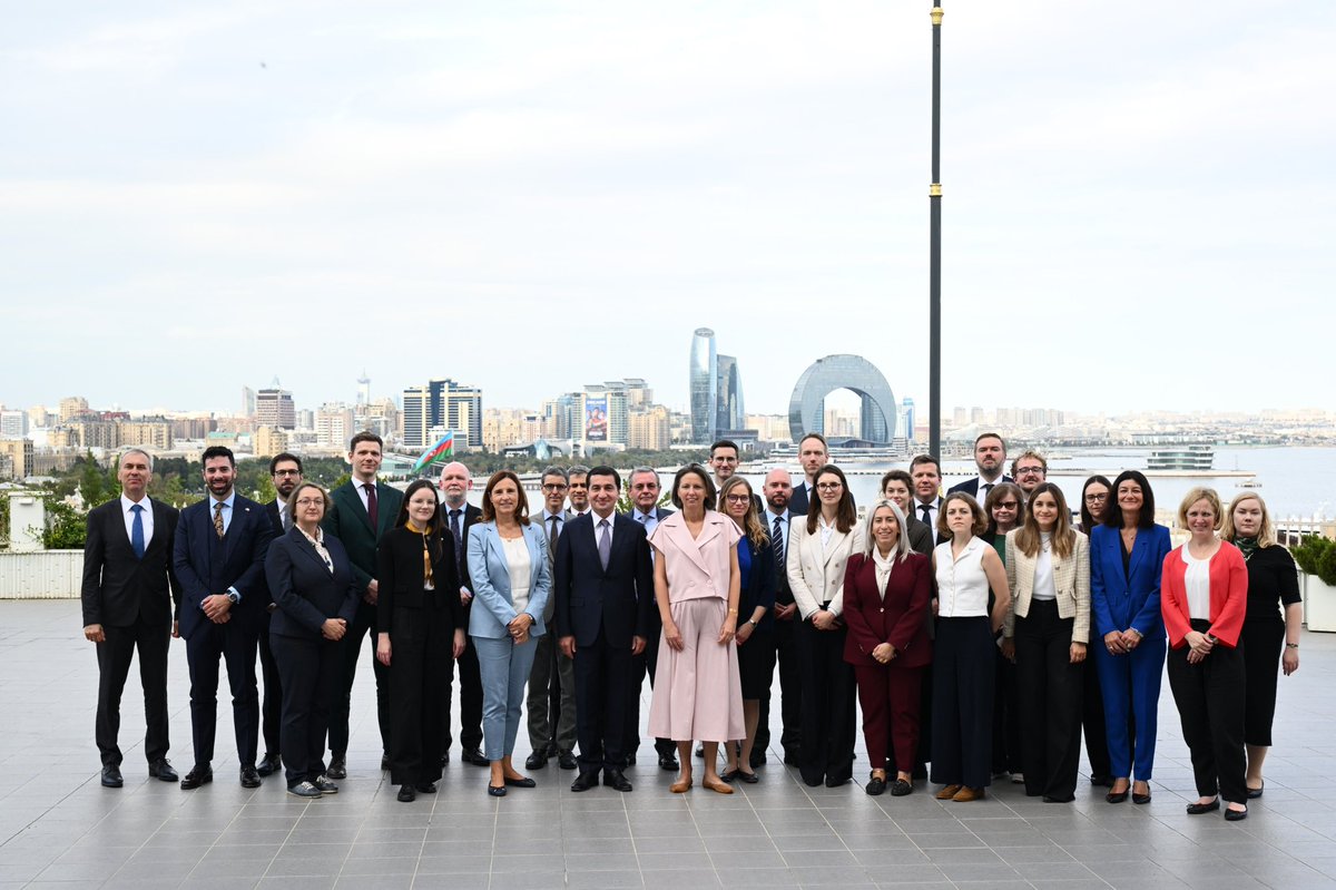 HikmetHajiyev's tweet photo. I was pleased to receive today the delegation of the EU Council Working Party on Eastern Europe and Central Asia (COEST) composed of representatives from more than 20 European countries.
 
EU-Azerbaijan partnership is of strategic importance and is developing on the basis of mutual respect, equality and shared benefit. Political dialogue has intensified through recent high-level contacts, and practical cooperation is gaining significant momentum.
 
Azerbaijan’s contribution to Europe’s energy security and its strategic role in regional connectivity, particularly through the Middle Corridor, are important dimensions of EU-Azerbaijan relations. At the same time, cooperation is being extended to clean energy, digital transformation and innovation, and investments.
 
This year, we have broadened our security dialogue into a Political and Security Dialogue and are working toward a new comprehensive bilateral agreement and renewed Partnership Priorities.
 
The evolving bilateral agenda provides an opportunity to translate shared interests to practical deliverables.
#EU @EUSR_SCCiG