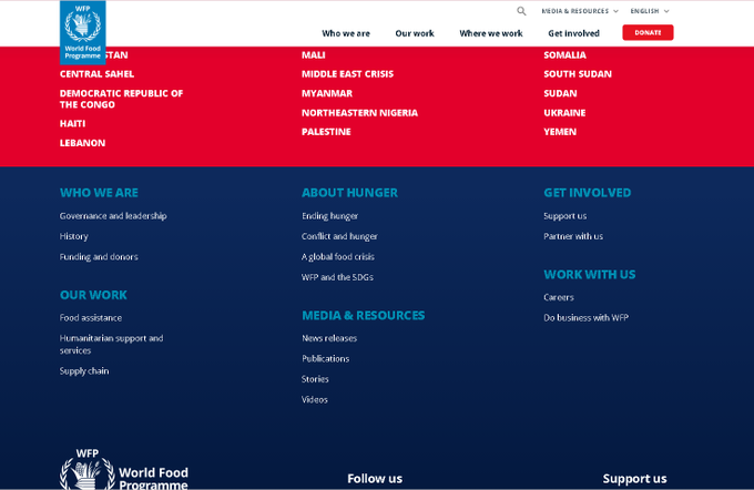 A screenshot of the World Food Programme (WFP) website footer showing links to countries they work in, including Afghanistan, Yemen, Sudan, and others, along with sections about their work and how to get involved.