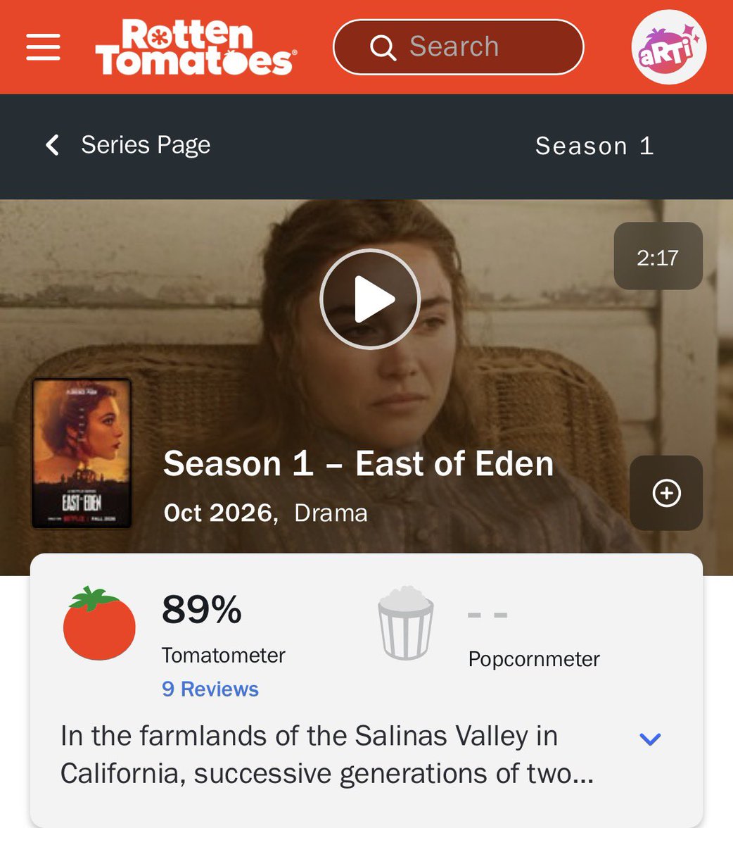 FilmUpdates's tweet photo. ‘EAST OF EDEN’ debuts at 89% on Rotten Tomatoes.

Starring Florence Pugh as Cathy Ames. https://t.co/70JrRw7qRB