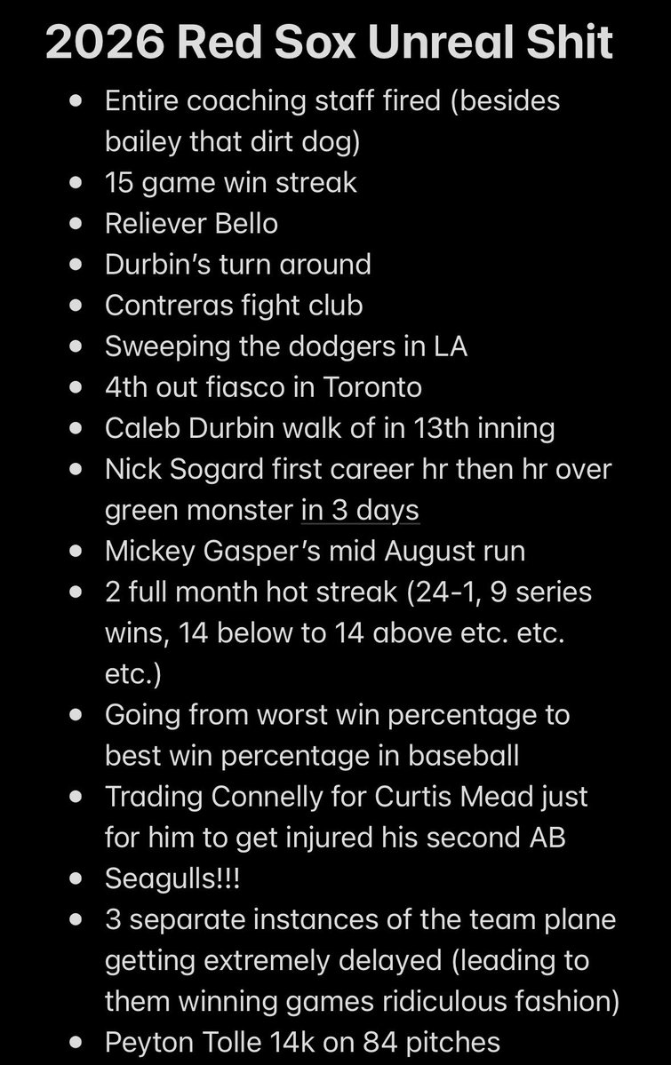 zachaspasta's tweet photo. To honor the magic and absurdity the 2026 Red Sox brought me, here’s the final list

Respond with anything I missed!!!! https://t.co/GGVAgyKogf