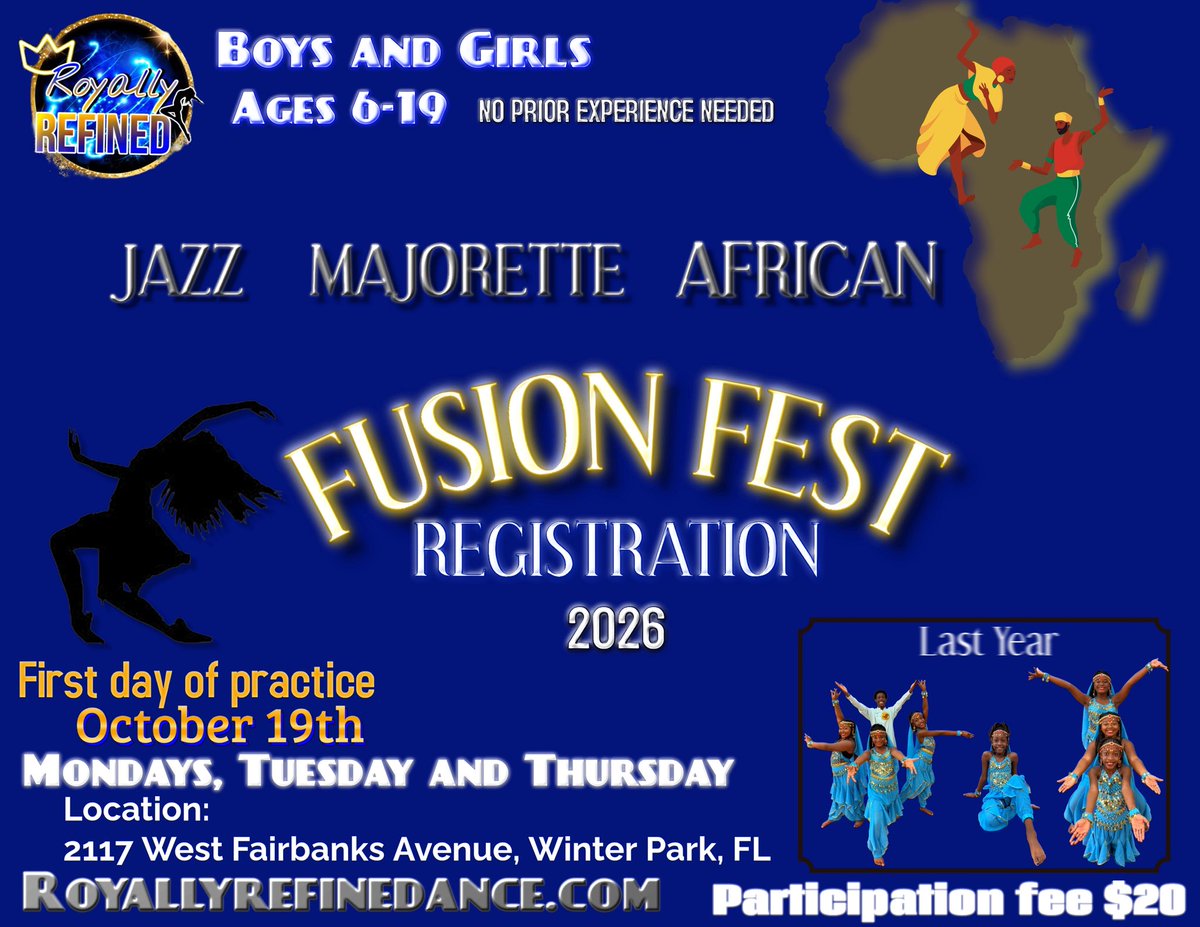 RRDance24's tweet photo. FUSION FEST 2026 REGISTRATION IS OPEN! 
Boys &amp; Girls Ages 6–19
No prior experience needed
Jazz • Majorette • African Dance
First Practice: October 19th
📍 2117 W Fairbanks Ave, Winter Park, FL

Come dance, learn, grow &amp; represent! 

Register today: https://t.co/ofMFI2Umkg https://t.co/PwToQeO43N