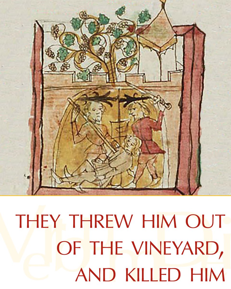 VaticanNews's tweet photo. Gospel of the Day (Matthew 21,33-43)

Jesus said to the chief priests and the elders of the people: "Hear another parable. There was a landowner who planted a vineyard, put a hedge around it, dug a wine press in it, and built a tower. Then he leased it to tenants and went on a journey.
When vintage time drew near, he sent his servants to the tenants to obtain his produce.
But the tenants seized the servants and one they beat, another they killed, and a third they stoned.
Again he sent other servants, more numerous than the first ones, but they treated them in the same way.
Finally, he sent his son to them, thinking, 'They will respect my son.'
But when the tenants saw the son, they said to one another, 'This is the heir. Come, let us kill him and acquire his inheritance.'
They seized him, threw him out of the vineyard, and killed him.
What will the owner of the vineyard do to those tenants when he comes?"
They answered him, "He will put those wretched men to a wretched death and lease his vineyard to other tenants who will give him the produce at the proper times."
Jesus said to them, "Did you never read in the scriptures: 'The stone that the builders rejected has become the cornerstone; by the Lord has this been done, and it is wonderful in our eyes'?
Therefore, I say to you, the kingdom of God will be taken away from you and given to a people that will produce its fruit.

https://t.co/iCBoVW64wj