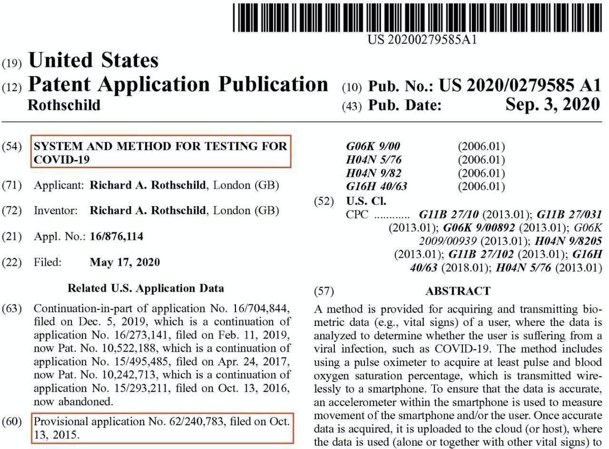 CryptoRichYT's tweet photo. During lockdown many of us warned people. We were censored, smeared, laughed at, challenged, ridiculed, ignored. We warned people not to take the shot.
Covid was a globalist plot to genocide people. A Rothschild applied for a patent to test for Covid 19 on 13 Oct 2015.
Do a search yourself here. Put in the patent number
US 20200279585A1 in the US patent office website.
https://t.co/DhWG8GdivK