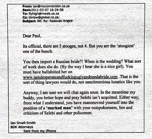 FraudWatchZA's tweet photo. These emails between attorney Ian Small-Smith and Paul O’Sullivan from 2011 were published in the book “Lolly Jackson: When Fantasy Becomes Reality” by @karynmaughan, Peter Piegl and @Seansa1092 - interesting insights into a dark world that is now front and centre for all South Africans to see. Try get your hands on a copy of the book!
