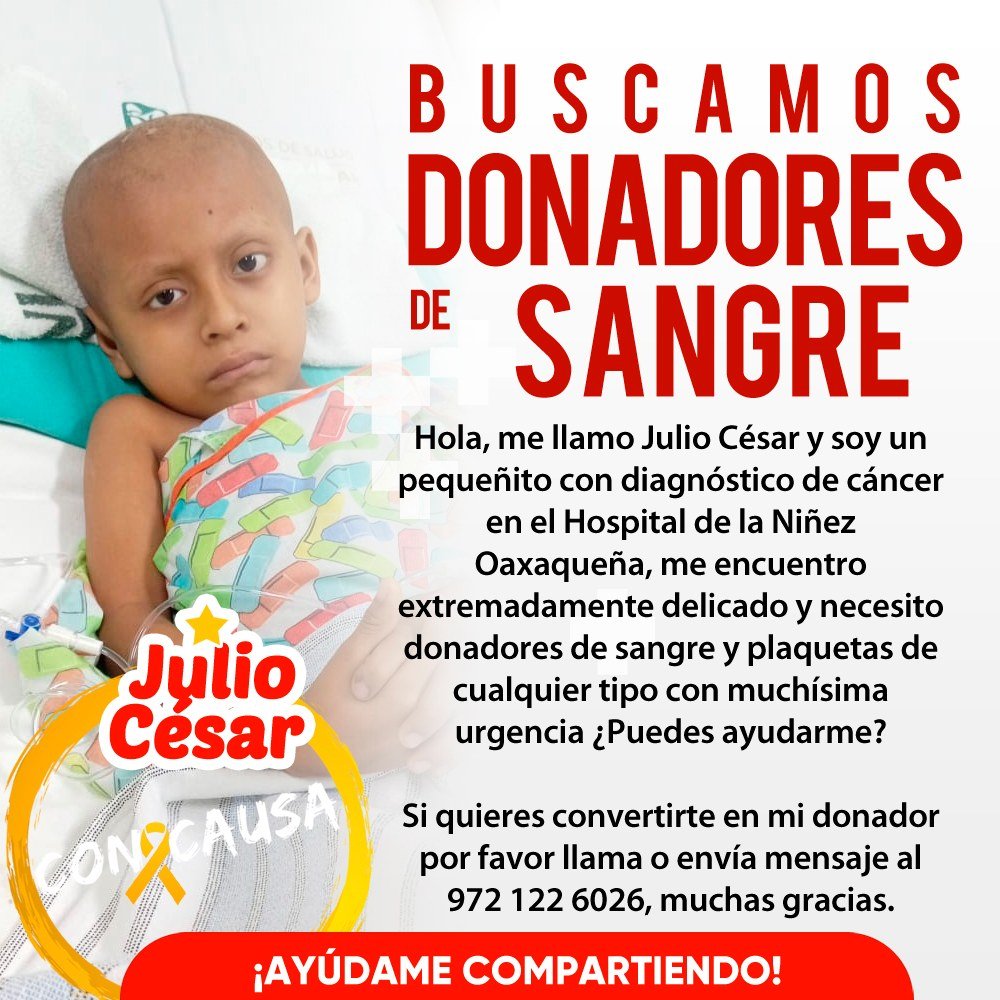 ConCausaMX's tweet photo. El pequeño Julio César fue recientemente diagnosticado con cáncer y necesita donadores de sangre y plaquetas con urgencia, ayúdanos compartiendo esta publicación y si puedes también dónandole 🎗️🩸#ConCausa #CancerInfantil #Oaxaca #DonaSangre https://t.co/6USofgqUYo