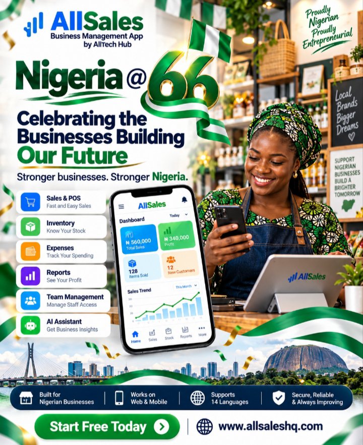 AllTech_Hub's tweet photo. 🇳🇬 Nigeria is 66. The businesses building her future are working today.

Behind every growing economy are business owners who open their doors, employ people, serve customers and keep moving - even when running a business isn't easy.

At AllTech Hub, we're building technology to make that journey easier.

AllSales helps Nigerian businesses keep sales, stock, expenses, staff activities and business reports organised in one place - so owners can make decisions from their records, not guesswork.

This Independence Day, we celebrate the entrepreneurs, traders, retailers, distributors and SMEs building Nigeria one business at a time.

🇳🇬 Stronger businesses. Stronger Nigeria.

Start Free Today - https://t.co/jmMsQTbMtd

#NigeriaAt66 #IndependenceDay #NigerianBusiness #SMEs #Entrepreneurship #AllSales #AllTechHub