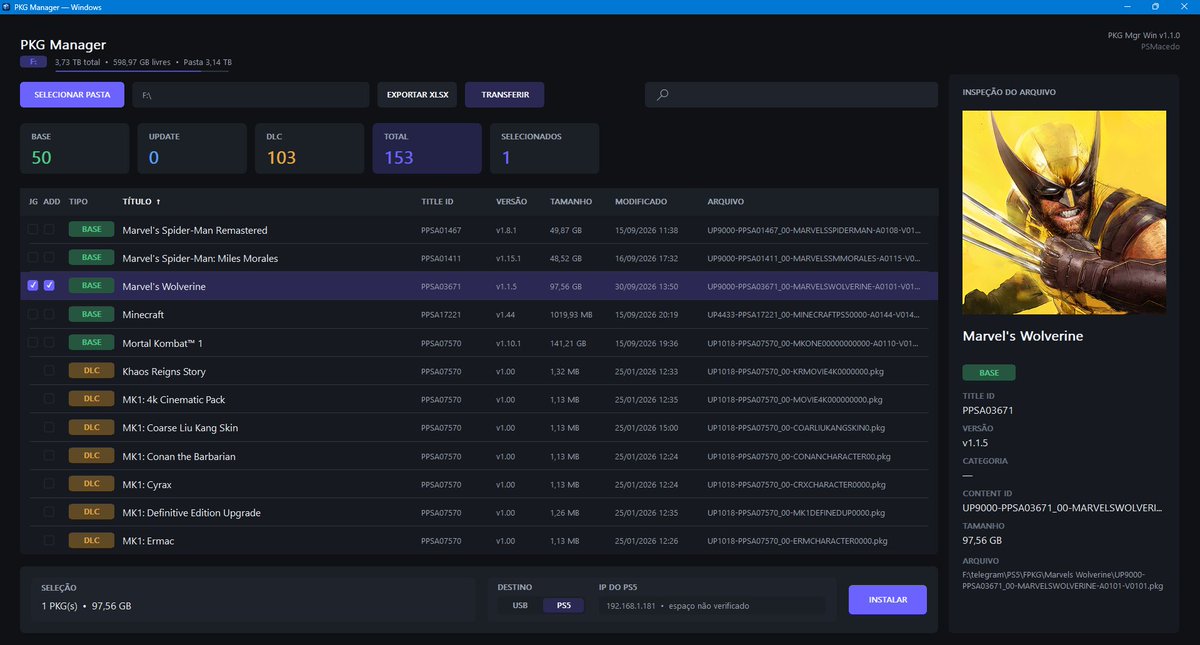 Macedo95766776's tweet photo. Para quem quiser testar... 😎

🖥️ PKG MANAGER v1.1.0 — EXE

📦 Organize seus PKGs (BASE/UPDATE/DLC)
🎮 escolha o que vai pro PS5

🌐 INSTALAÇÃO:
  📡 DIRETO PELA REDE
 ⚡ PC → REDE → PS5

  💾 OU VIA USB
  ⚡ PC → M.2/SSD/HD → PS5

🪟 Windows/EXE
🔗 https://t.co/GJxkpgWMBm https://t.co/brdFgdbUKV