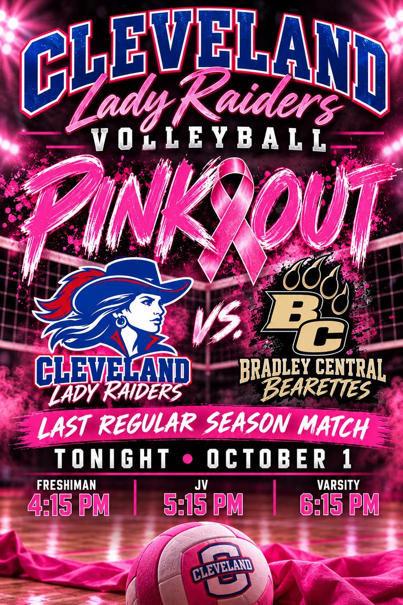 CHSRaiderSports's tweet photo. 💗🏐 PINK OUT TONIGHT, BLUE RAIDER NATION!

Wear your pink and bring the energy as our Cleveland Lady Raiders take on Bradley in their final regular season volleyball match!

📅 Tonight, October 1
🏐 Freshman: 4:15 PM
🏐 JV: 5:15 PM
🏐 Varsity: 6:15 PM

All In. All Cleveland. https://t.co/46bv6wzjeN