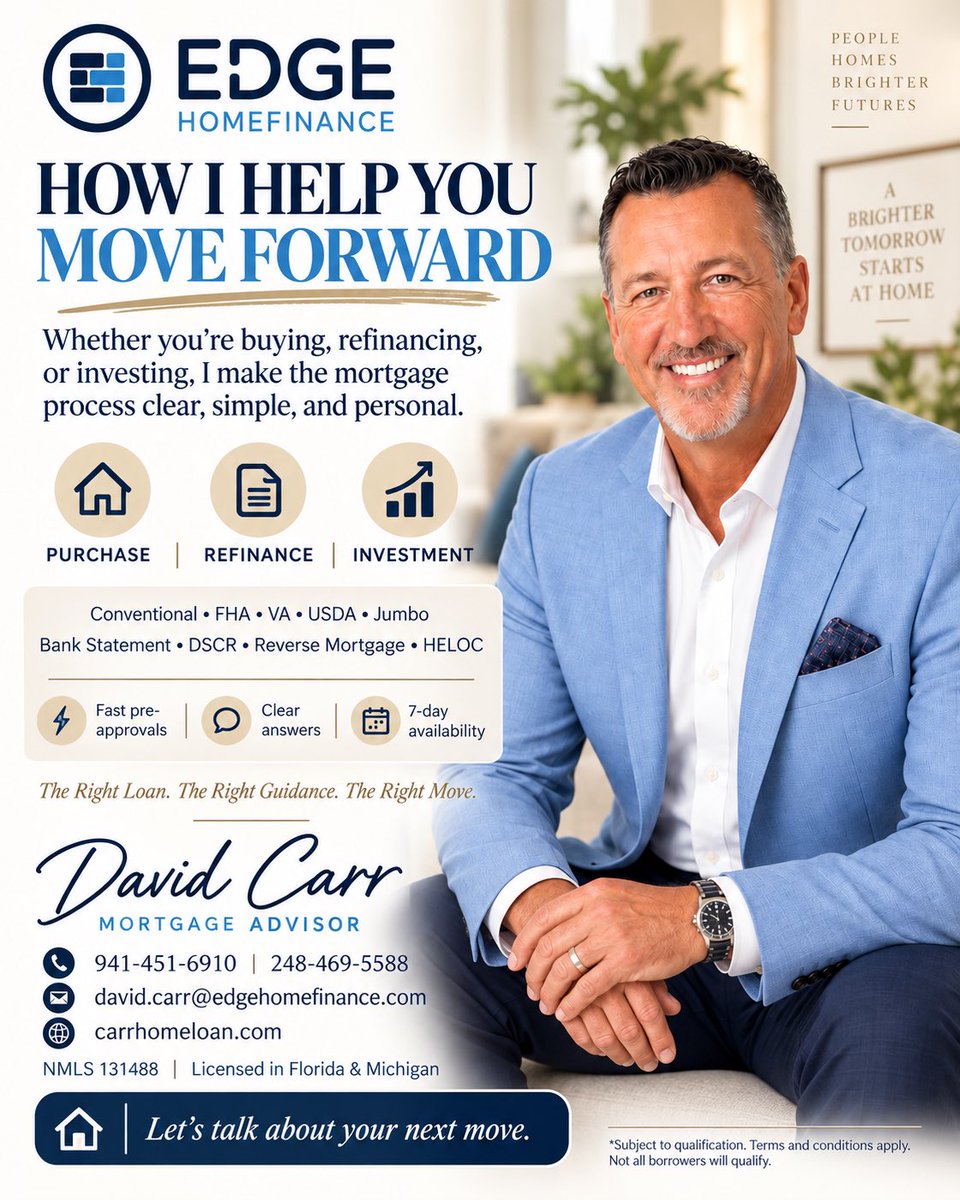 carrhomeloan's tweet photo. Thinking about buying a home, refinancing, or investing in real estate? I’ll help make the mortgage process clear, simple, and personal from your first questions through closing.

I’m available 7 days a week to talk through your options in Florida and Michigan.

📞 941-451-6910 https://t.co/ZTbp9ISDSP