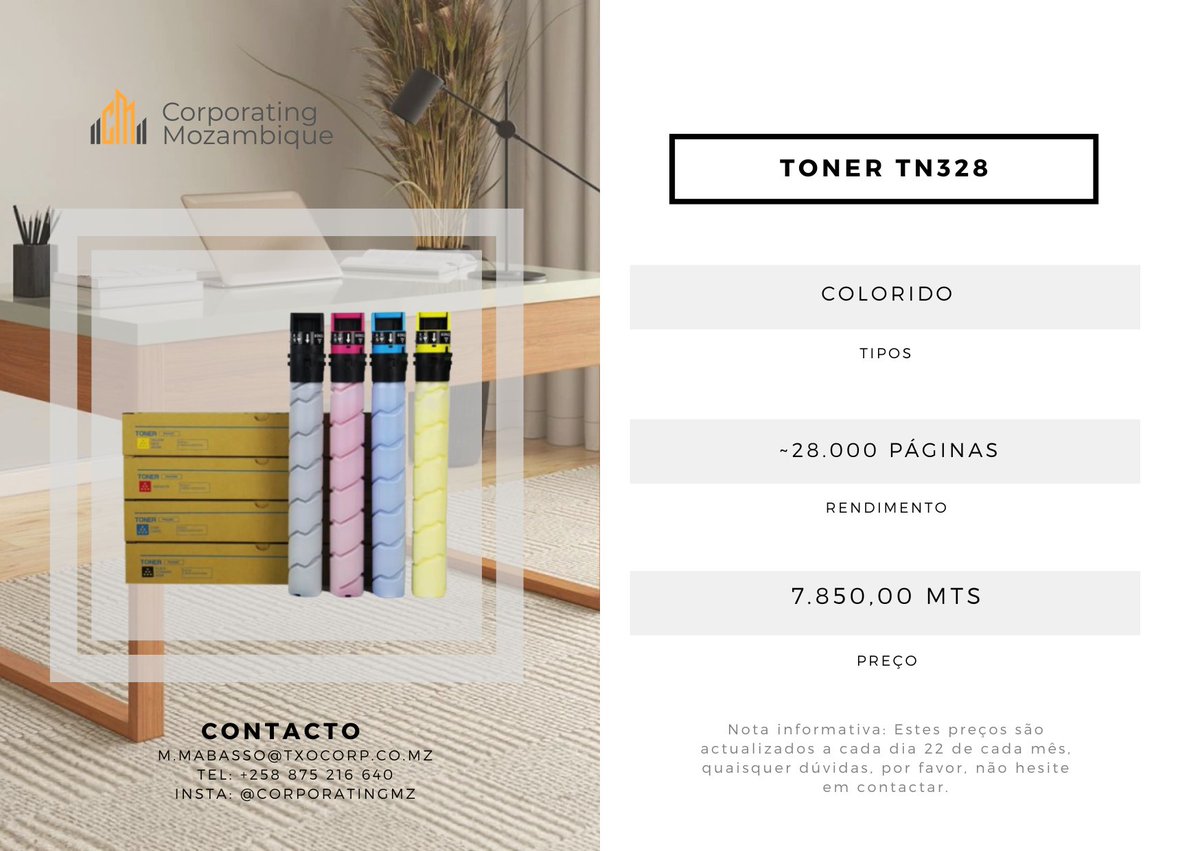 CorporatingMz's tweet photo. Toner TN328 | Colorido
🎨 Colorido 
 📄 ~28.000 páginas
🖨️ Compatível com: Konica Minolta bizhub C250i, C300i e C360i
💰 7.850 MT https://t.co/PQF3Tm9jyy