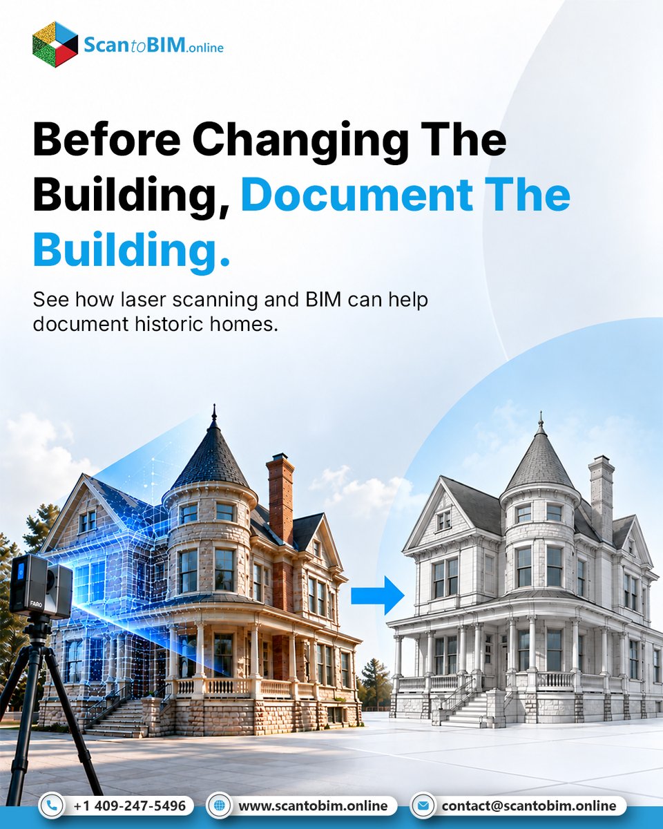 scantobimonline's tweet photo. Historic homes can differ significantly from their original drawings.
Laser scanning captures existing conditions for renovation planning, coordination and as-built documentation.
Read the full blog: https://t.co/N9YLlfW03Q
#LaserScanning #ScanToBIM #AEC https://t.co/ZqyU92ObNk