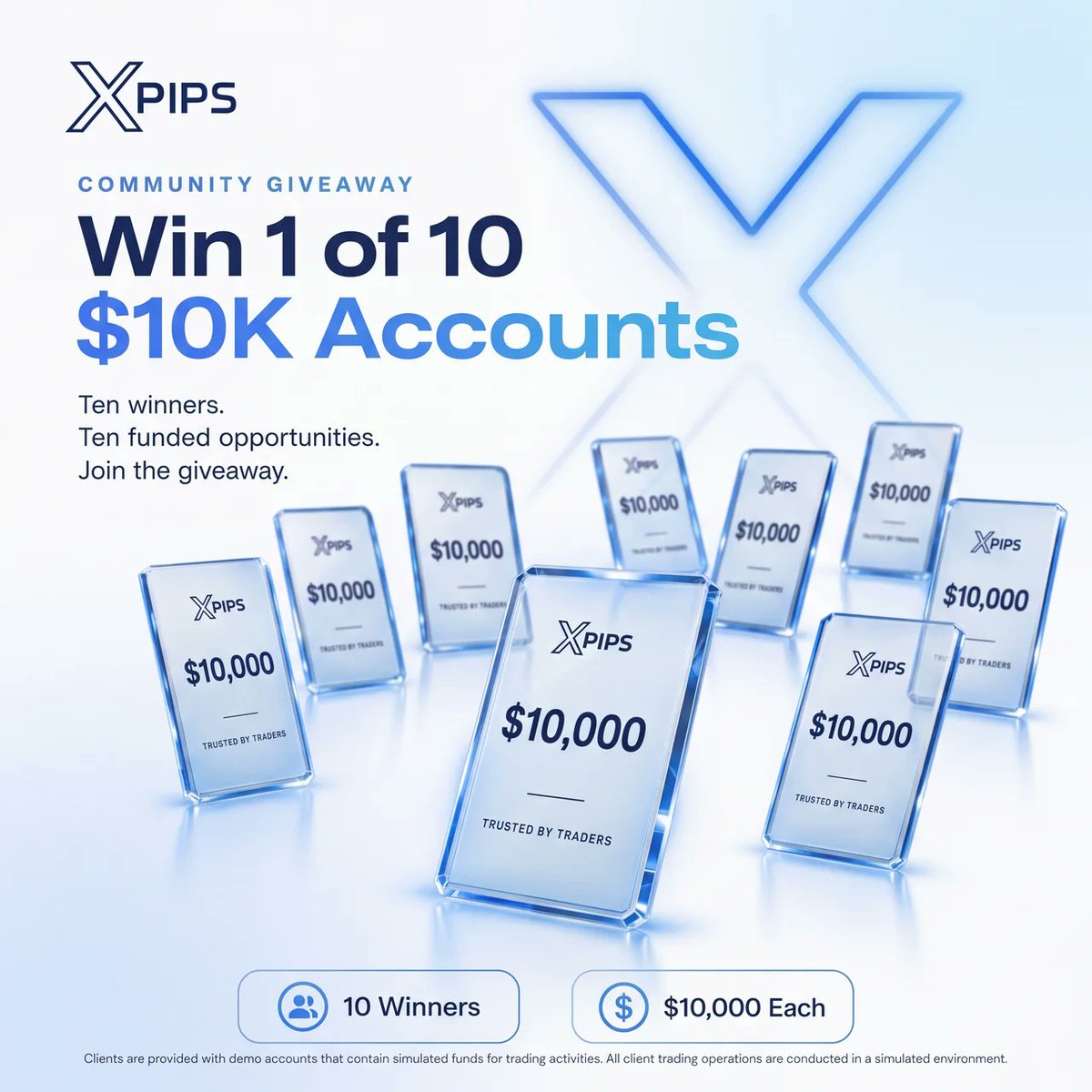 Xpipsofficial's tweet photo. New Month, New Giveaway 🎁 

We're giving 10 traders the chance to win a $10,000 Challenge Account each. 🚀  

To enter: 
✅ Follow @Xpipsofficial 
❤️ Like this post 
🔁 Retweet 
👥 Tag 3 friends  

Ends in 7 days...Good luck! 🍀 https://t.co/fMU8C4bJe8
