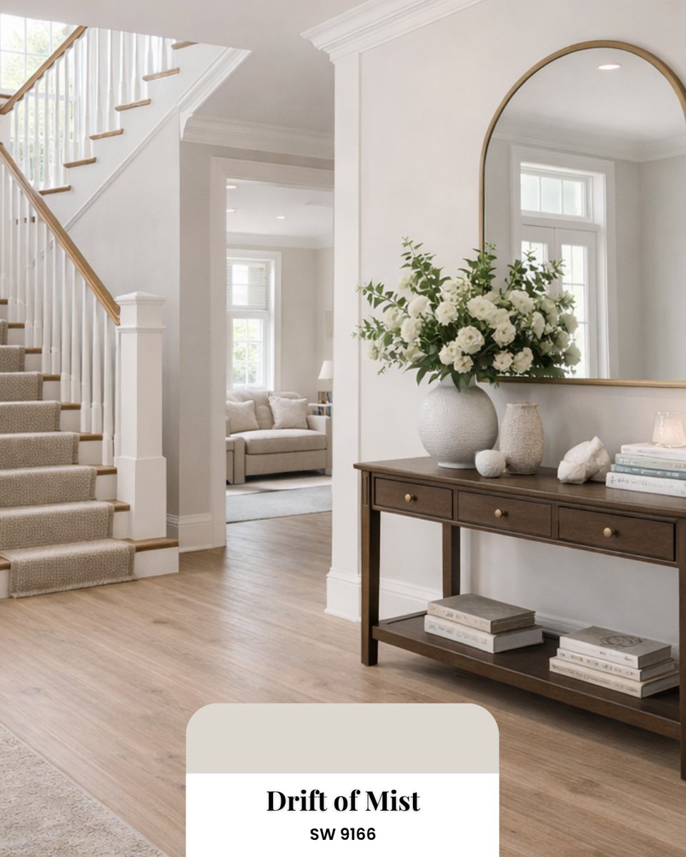 MagdaleneSgncq's tweet photo. Fool's tricks here, some colors simply make a space feel right. Drift of Mist (SW 9166) by Sherwin Williams is a soft, airy gray that brightens entryways without feeling cold or dark. https://t.co/puA6Ak8EDS