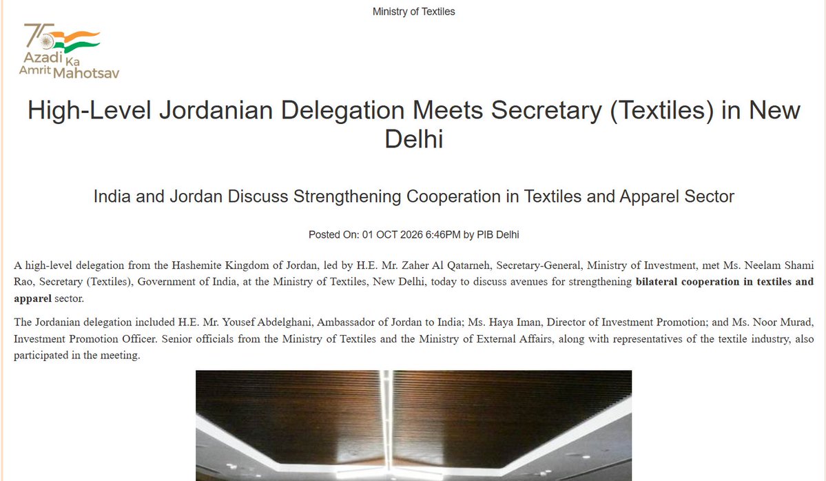 PIBTextiles's tweet photo. High-Level Jordanian Delegation Meets Secretary (Textiles) in New Delhi 
Read more: https://t.co/zWqo3hOTGG 
@girirajsinghbjp @PmargheritaBJP @TexMinIndia @PIB_India https://t.co/B81Ny1NLx1