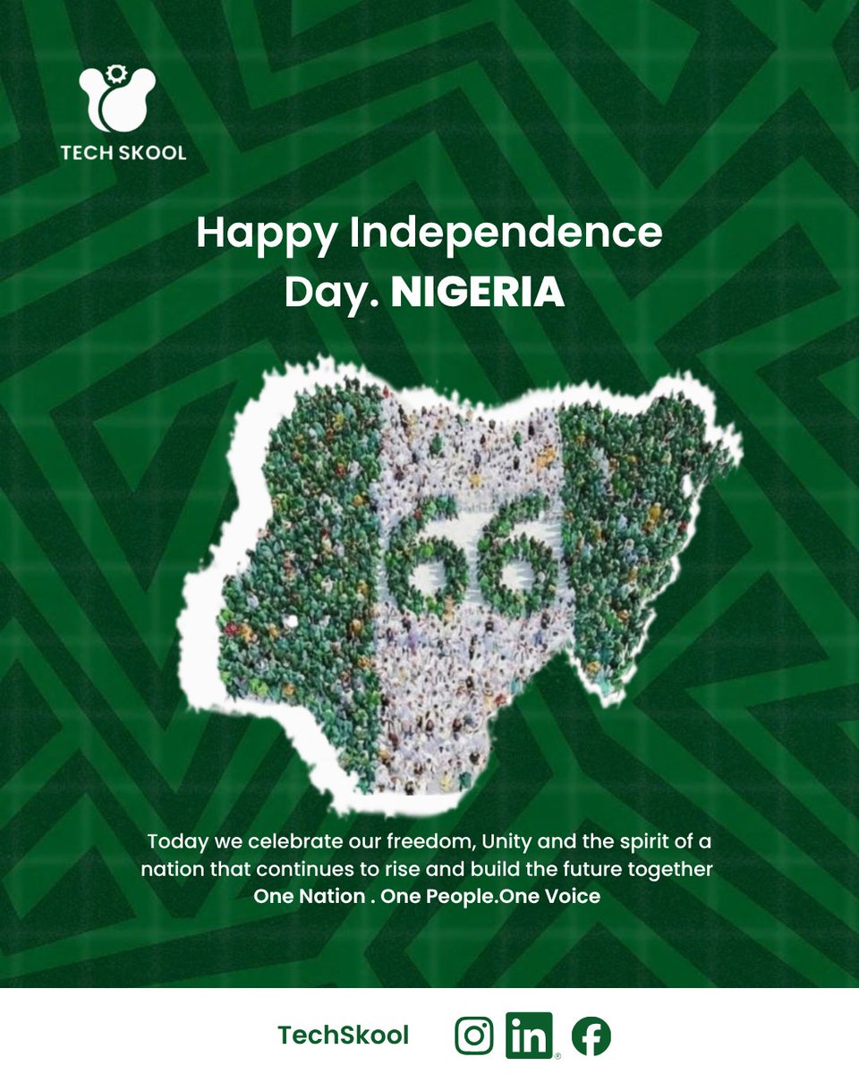 TechSkooll's tweet photo. Happy Independence Day, Nigeria! 🇳🇬💙
66 years of resilience and a spirit that just doesn't quit. Today's about celebrating everything that makes this country what it is.
Wishing everyone a day filled with pride, good food, and even better company. 🎉
#TechSkool
#IndependenceDay https://t.co/4fvmXsAU1x