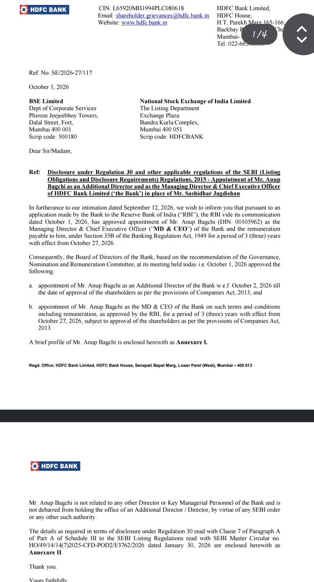Vittadhara's tweet photo. HDFC Bank has named Anup Bagchi as its new Managing Director and Chief Executive Officer (CEO), effective from October 27, 2026, for a three-year period. https://t.co/ytVEcyVy5p