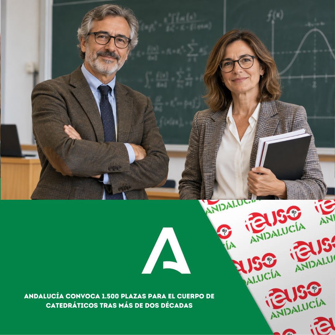 FEUSO_ANDALUCIA's tweet photo. ⭕️USO INFORMA: PLAZAS CATEDRÁTIC@S

Andalucía convoca 1.500 plazas para el cuerpo de catedráticos tras más de dos décadas.

🔗 Más información: https://t.co/8e9J5sUC4Y
👍📝 Afíliate:  https://t.co/aw3AinyBwG
#ConUSOmejor #AfíliateaUSO https://t.co/KxvenOgNqh