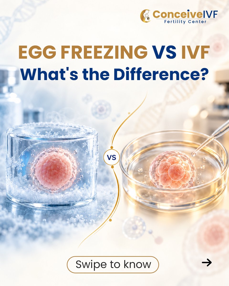 ConceiveIndia's tweet photo. Understanding your fertility path starts with understanding the choices.
Both Egg Freezing and IVF use similar processes, but for very different goals.
➡️ Swipe through to break down exactly how they differ
#ConceiveIVF #EggFreezing #IVF #FertilityOptions #FertilityAwareness https://t.co/bfhbZYYDft