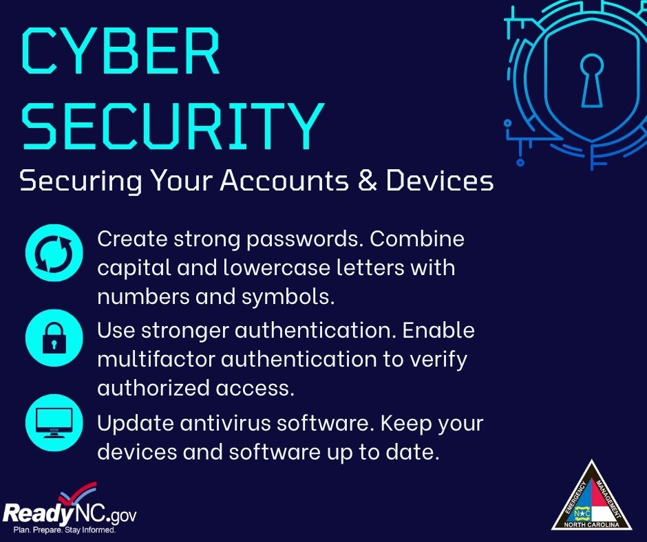 NCEmergency's tweet photo. It’s Cyber Security Awareness Month!  

Cyber attacks can cause serious harm to both individuals and businesses, and they often create confusion or spread misinformation. Stay alert, recognize suspicious activity, and think before you click! 

Stay tuned throughout the month for more helpful tips to keep you and your business protected. 
For more tips, visit https://t.co/GWuxH3i64m
