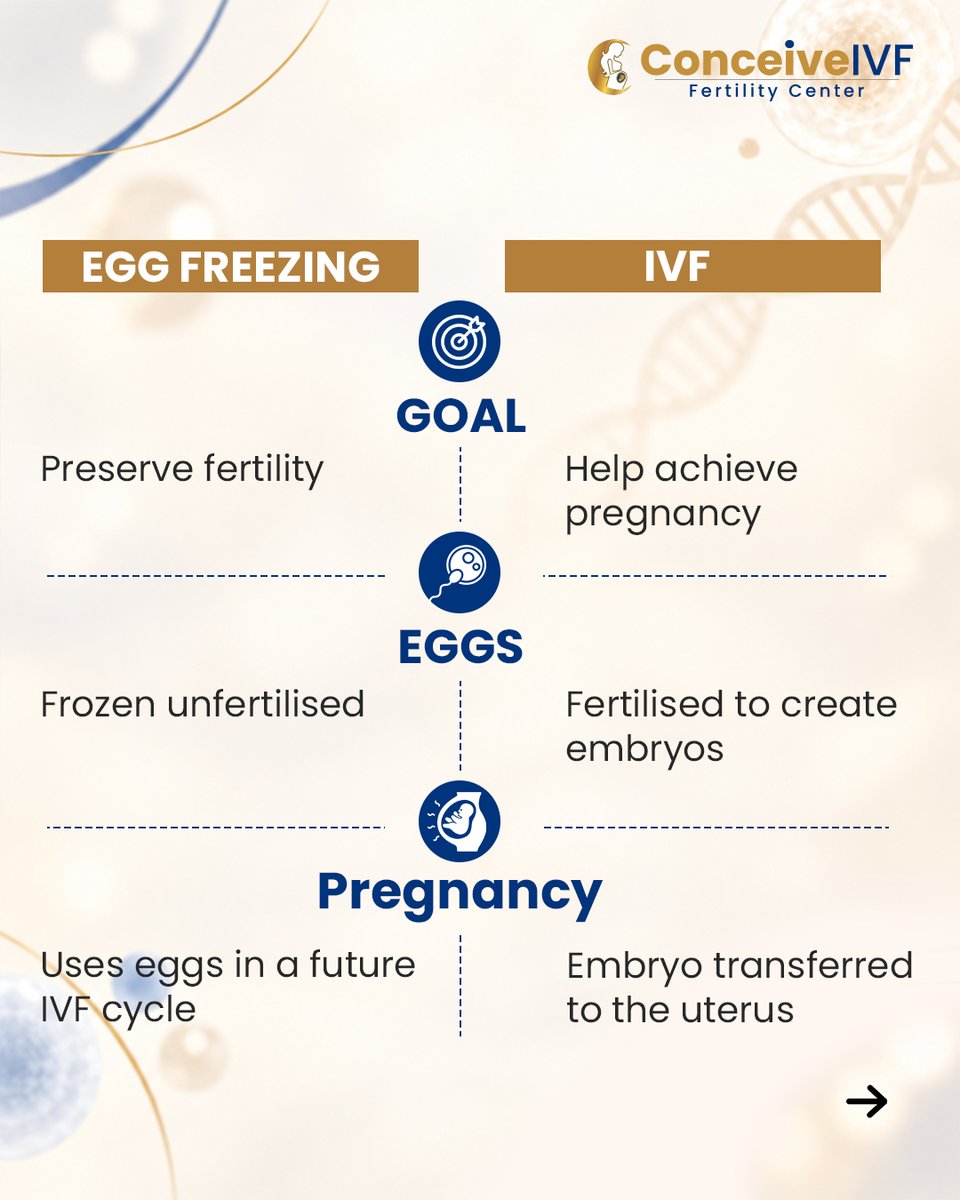 ConceiveIndia's tweet photo. Understanding your fertility path starts with understanding the choices.
Both Egg Freezing and IVF use similar processes, but for very different goals.
➡️ Swipe through to break down exactly how they differ
#ConceiveIVF #EggFreezing #IVF #FertilityOptions #FertilityAwareness https://t.co/bfhbZYYDft