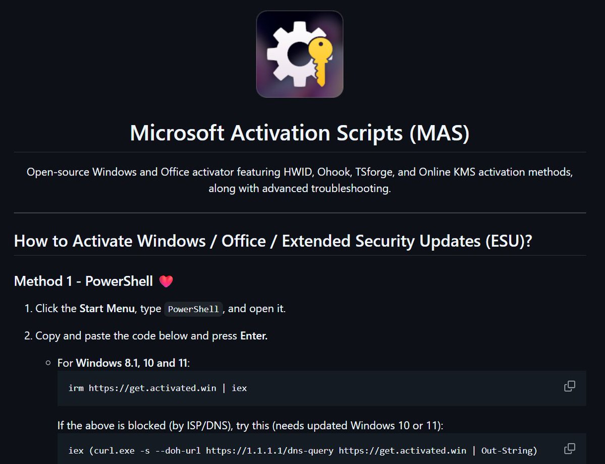 liambraus's tweet photo. ESTO ES JODIDAMENTE INCREÍBLE

hay un repo de GitHub que activa Windows gratis.

tiene más de 178.000 estrellas.

se llama Microsoft Activation Scripts.

activa Windows 7, 8, 10 y 11.

mientras Microsoft cobra:

→ Windows 11 Pro: 199,99$
→ Windows 11 Home: 139$
→ Office Home & Business 2024: 249,99$
→ Microsoft 365 Family: 129,99$/año
→ Microsoft 365 Personal: 99,99$/año

ese repo cuesta: 0$.

la parte más absurda:

está alojado en GitHub.

GitHub pertenece a Microsoft.

activa productos de Microsoft.

y sigue online.

os dejo el repo abajo.
