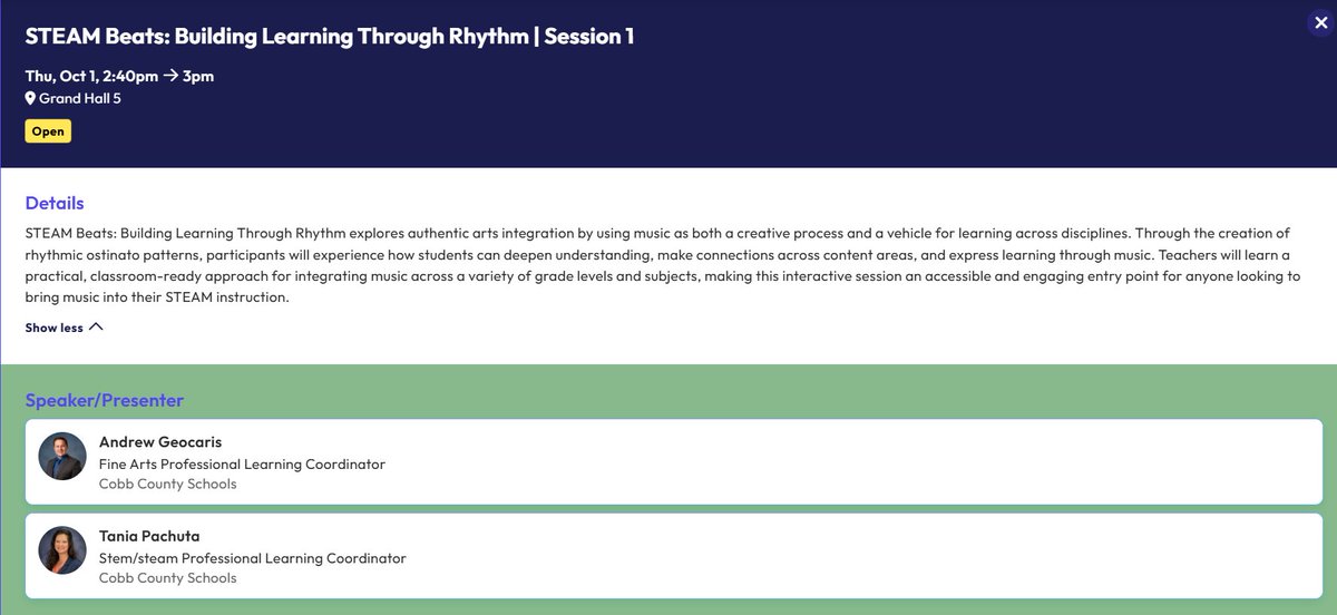 STEMTania's tweet photo. Are you at the @STEMGeorgia STEM/STEAM Forum in Athens today? Come check out my &amp; @FineArtsCobb's sessions this afternoon starting at 2:40PM! 🎶#STEMCobb https://t.co/CxwzWtzklT