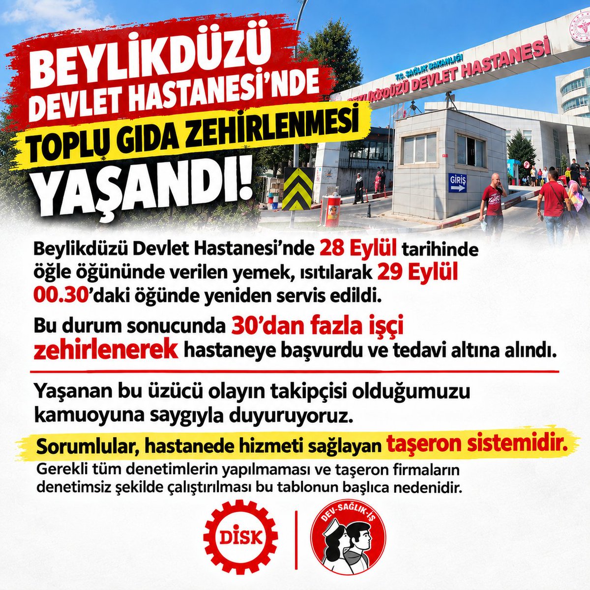 istanbulsube's tweet photo. Beylikdüzü Devlet Hastanesi’nde yaşanan ve 30’dan fazla işçinin sağlık sorunları yaşamasına neden olan olayla ilgili sürecin takipçisiyiz.

Olayın tüm yönleriyle araştırılmasını, gerekli işlemlerin yapılmasını istiyoruz.
@saglikbakanligi
@ismgovtr https://t.co/3sLtGIwMGq