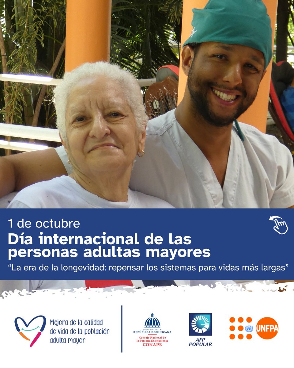 UNFPA_RD's tweet photo. Hoy, en el Día Internacional de las Personas Adultas Mayores, nos unimos al llamado global: «La era de la longevidad: repensar los sistemas para vidas más largas». 🇩🇴✨

Vivir más es un gran logro, pero exige transformar cómo nos preparamos para el futuro. 🧵👇 https://t.co/sMfUyltEJz
