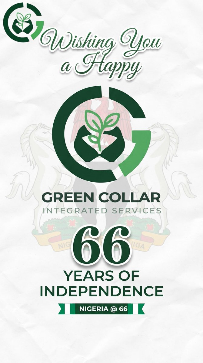 rasdem3's tweet photo. 🇳🇬 Happy Independence Day, Nigeria! 💚🤍💚

Celebrating 66 years of independence and the resilience of Nigerians, especially our hardworking farmers. 
Happy New Month from Green Collar Integrated Services! 🌱🇳🇬

#NigeriaAt66 #HappyNewMonth #GreenCollar #Agriculture https://t.co/2clpkddcgX