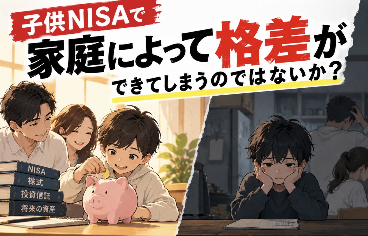 mr_d__00's tweet photo. 【子供NISAをどう見る？】

2027年1月から始まる子供NISA

・対象は0歳から17歳
・年間60万円まで(最大600万円)
・上記運用益は非課税
・投資信託への積立が基本

さて皆さんはどう感じましたか？

私は

『各家庭の経済格差を広げる悪魔の制度』

であると感じています。

というのも利用できる家庭がそもそも少ないのではないかというところです。

ただでさえ「給料が上がらない」「物価高」と騒がれている現在。

子供を産んだ後の金銭面の不安で子供を産めないなんて話もよく耳にします。

今お子さんがいらっしゃる方はその大変さを身にしみて感じていることでしょう。

では逆に「今子供がいない方」「結婚をされていない方」には関係ないお話しでしょうか？

いいえ、むしろメインはそちらの方なのではないかと私は思います。

子供ができてから考えようでは遅いんです。

子供には学校というコミュニティがあり経済格差は顕著に現れます。

子供にとってその差はどうすることもできない大きな壁です。

「お母さん、お友達は新しい筆箱買ってた」
「お父さん、お友達は旅行に行ってた」

そんな未来が来た時、どうしますか？

あの時から金銭的な問題は解決していた方が良かったなとなりませんか？

子供NISAは金銭的余裕のある家庭にとっては大きなメリットになると思いますが、

そうでない家庭にとっては全く縁のない、むしろ

「各家庭の経済格差を広げる悪魔の制度」

になりかねません。

行動するのは早いうちがいいに決まってます。

初心者でもわかりやすいように日々の発信をしていますので、一緒に未来を明るいものにしていきましょう。