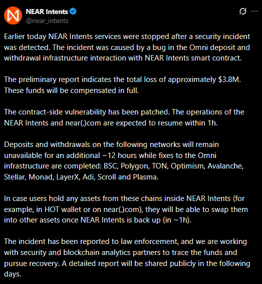 beincrypto's tweet photo. SECURITY ALERT: $NEAR Intents Pauses Services After $3.8M Loss.

$NEAR Intents detected a smart contract vulnerability in its Omni infrastructure interaction, leading to a $3.8M exploit.   

A security patch has been rolled out, and swap execution is set to go back live within 1 hour.   

Users will be fully compensated for all lost assets.   

Bridge deposits and withdrawals across 11 chains remain frozen for approximately 12 hours.