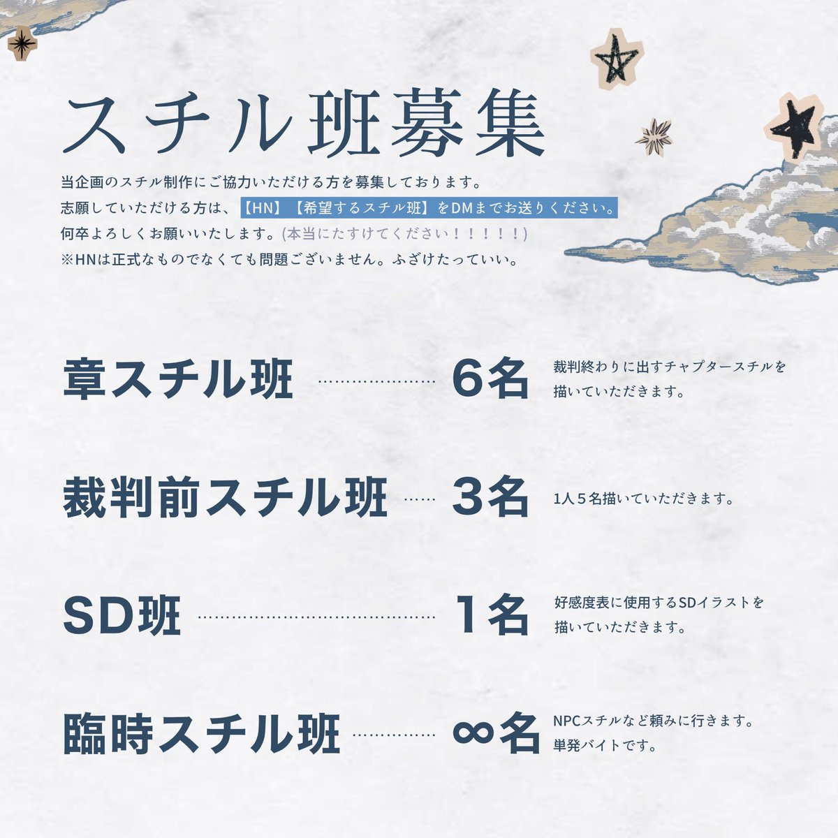 morgue_RNP's tweet photo. ☑�� スチル班募集

企画内で使用するスチル作成のお手伝いしてくれる方を募集しております。
お手伝いしてくださる方は当アカウントのDMにお声掛けください。何卒よろしくお願いいたします！ https://t.co/okt6yUi6gB