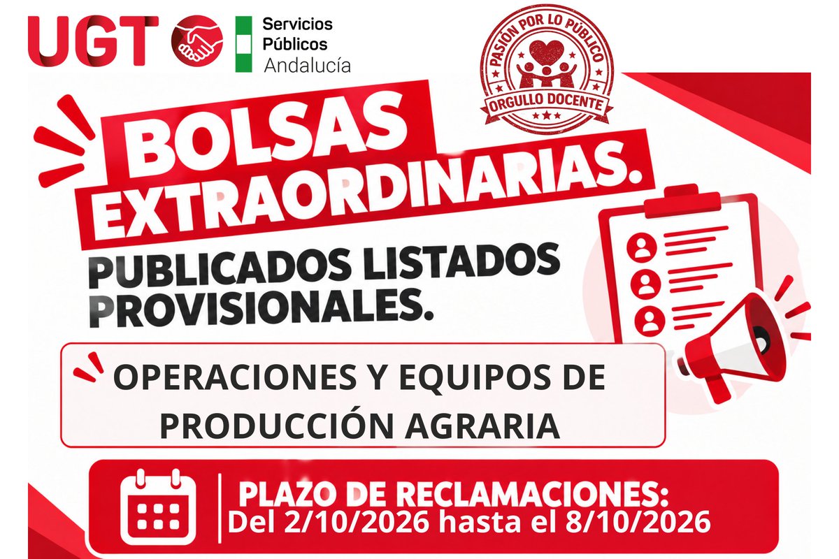 UGTEducaAnd's tweet photo. 🔴Bolsas extraordinarias: publicados listados provisionales de la especialidad de Operaciones y equipos de producción agraria https://t.co/eRmKrJaW4M   #PasiónPorLoPúblicoOrgulloDocente https://t.co/iYTEeQGX2f