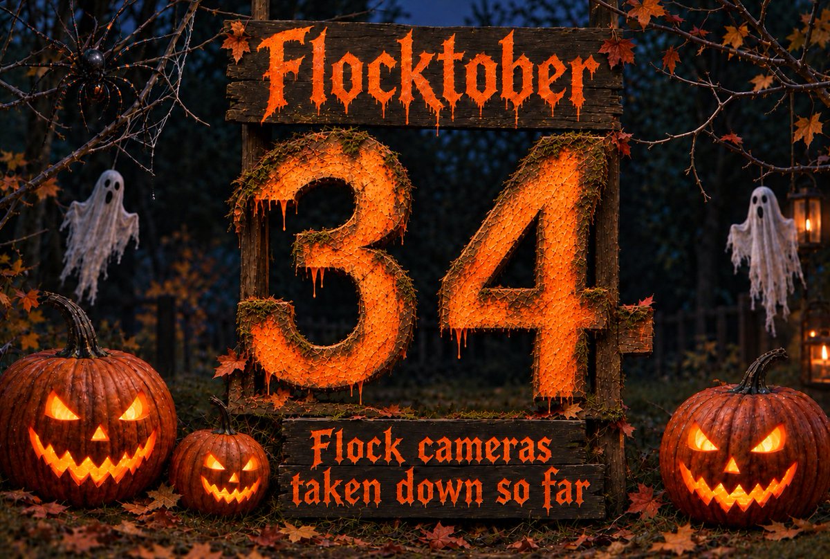OrwellDay's tweet photo. Flocktober has officially begun!

7 more cameras down, bringing the total to 34.

- 1 Flock camera destroyed in Fredonia
- 3 Flock cameras destroyed in Kennesaw
- 3 destroyed Flock cameras spotted in the wild

See thread for camera info https://t.co/yGVhKeNccz