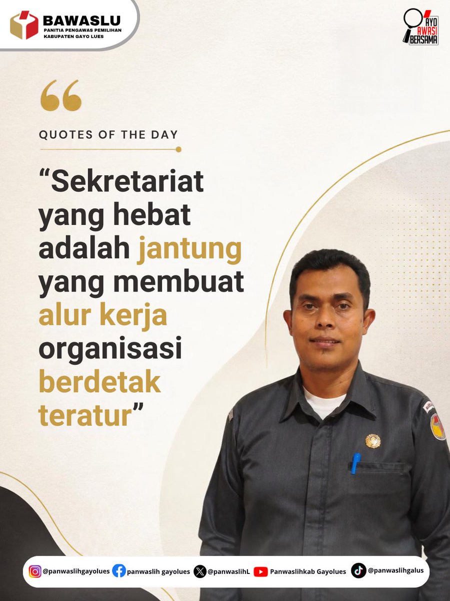 PanwaslihL's tweet photo. Quotes Of The Day

“Sekretariat yang hebat adalah jantung yang membuat alur kerja organisasi berderak teratur”

Chairul Qadry (Koordinator Sekretariat) Bawaslu Kabupaten Gayo Lues https://t.co/KSCN14tc0I