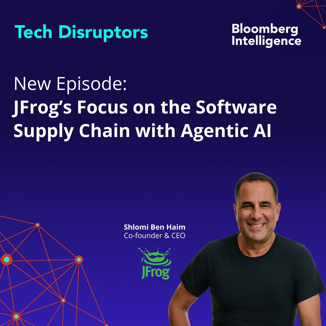 jfrog's tweet photo. 🎙️ New podcast episode alert: JFrog CEO @ShlomiBenHaim joined Mandeep Singh, CFA, @BBGIntelligence's global head of technology research, on the Tech Disruptors podcast to talk about where the #softwaresupplychain is headed next.

Recorded at #swampUP 2026, the conversation covers how #AgenticAI, MCP servers, and reusable skills are reshaping #DevOps, plus Shlomi gives a candid look at the security risks that come with more capable models.

🔗 Tune in now: https://t.co/kyaOYDEoFp

#AgenticAI #AI #DevGovOps