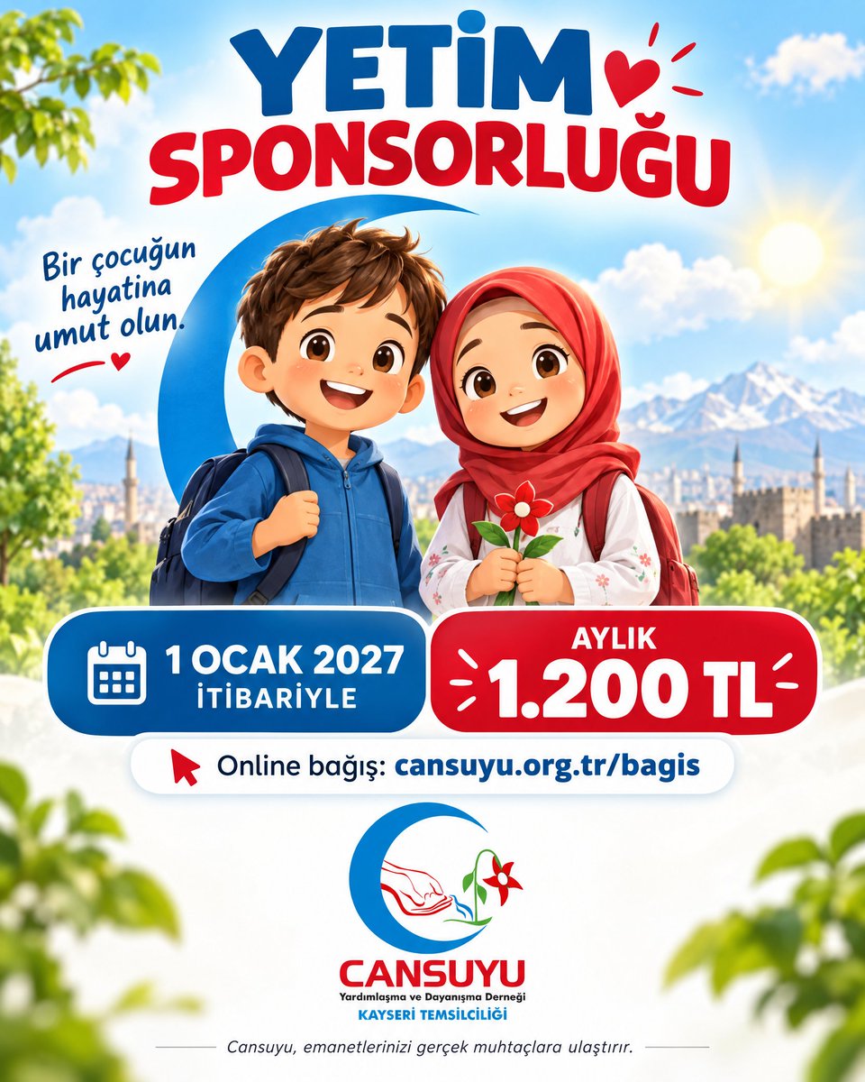 cansuyukayseri's tweet photo. Değerli bağışçılarımız;
1 Ocak 2027 itibariyle mevcut ve yeni başlayacak yetim sponsorluklarımızın aylık bedeli 1.200 TL olarak güncellenecektir. 
 @cansuyudernegi @cansuyukayseri
Cansuyu sizi gerçek muhtaçlara ulaştırır.
#iyilik #cansuyu #yardım #yetim https://t.co/0Dd0CdlTau