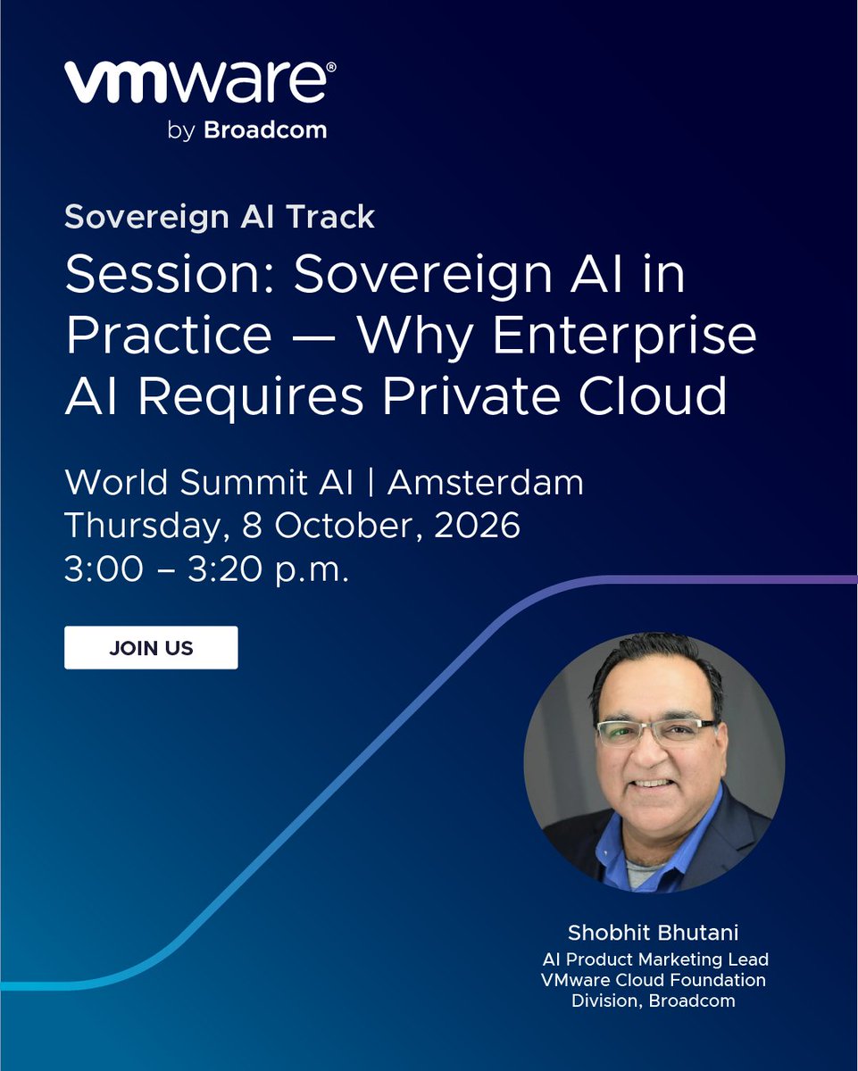 vmwarevcf's tweet photo. Why are top enterprises moving AI to private clouds? Data sovereignty. Catch Shobhit Bhutani's talk in the Sovereign AI Track.

Come join us! https://t.co/r094Qw01Ng