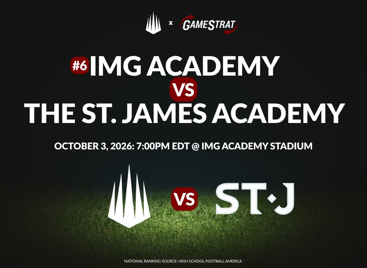 GameStrat's tweet photo. Two undefeated academies meet in Florida tonight, as HSFA #6 @IMGAFootball hosts The St. James Performance Academy.
🕖 7:00PM EDT
🏟️ IMG Academy Stadium
Good luck to the staff tonight!
@CoachDennisIMG @CoachStudOL @CoachKiddIMG
@ParksCochrane @CoachAlecCobb @CoachLaneIMG
@QuinnShanbour
