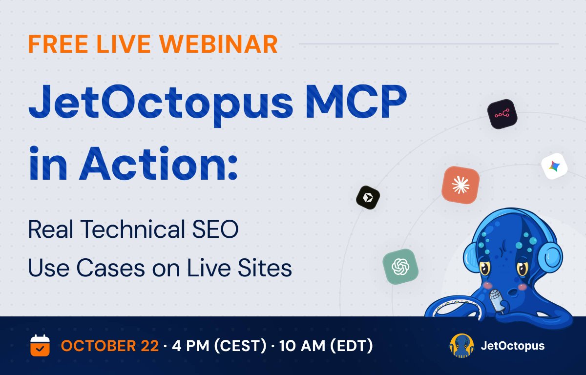 JetOctopus's tweet photo. ✨Free live webinar: "JetOctopus MCP in Action"

Come see the main JetOctopus MCP use cases for everyday technical SEO work.

📅 Thursday, October 22
⏱️ 4 PM CEST / 10 AM EDT

Save your spot: https://t.co/Kl1zDMhnRq

#TechnicalSEO #SEO https://t.co/xi3WfTrg5M