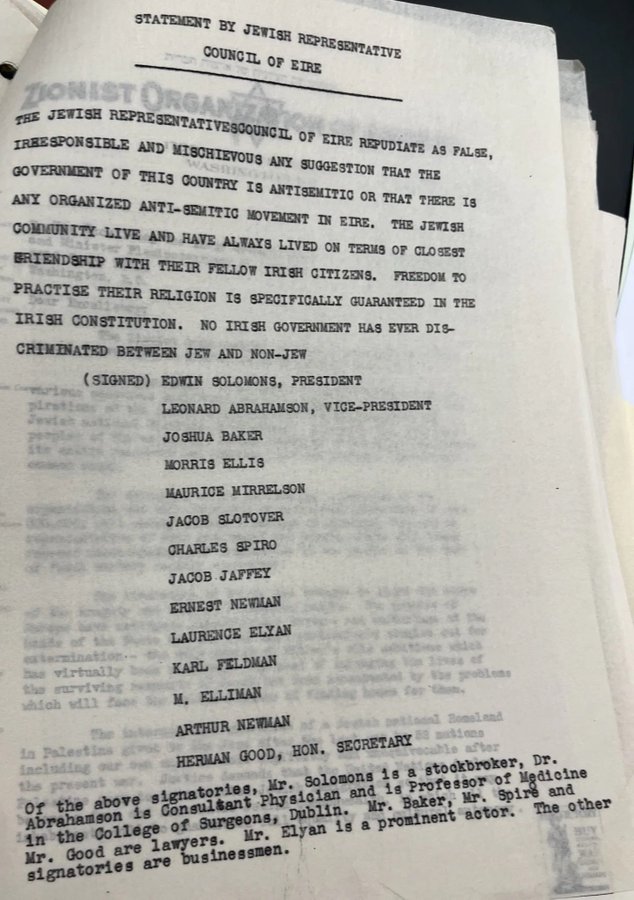 itsjohncrotty's tweet photo. The lies told about Ireland - Israeli edition

Since Ireland has voiced an opinion on Israeli actions in Gaza, certain commentators have sought to invent or inflate aspects of Irish history to diminish Ireland's voice.  

Here are the common myths, and the reality:

'Ireland has an inflated history of antisemitism'

Ireland has more arguably had the lowest levels of antisemitism in Europe since its first Jewish arrivals in the 11th century, and following partial independence in 1922.

Zero expulsions.  No pogroms. No exclusion from government/societal roles.

The Irish fought for Jewish rights in the 1800's, led by its inspirational leader Daniel O'Connell who said:
“Ireland has claims on your ancient race, as it is the only Christian country that I know of unsullied by any one act of persecution of the Jews."

Ireland enshrined Jewish right of practise in its 1937 Constitution, a unique action in an antisemitic age. 

Ireland's Chief Rabbi's repeatedly held Ireland up as an example to the world regards antisemitism - some examples below.  

(Note - of course some antisemitism existed - idiots are everywhere) (1)
