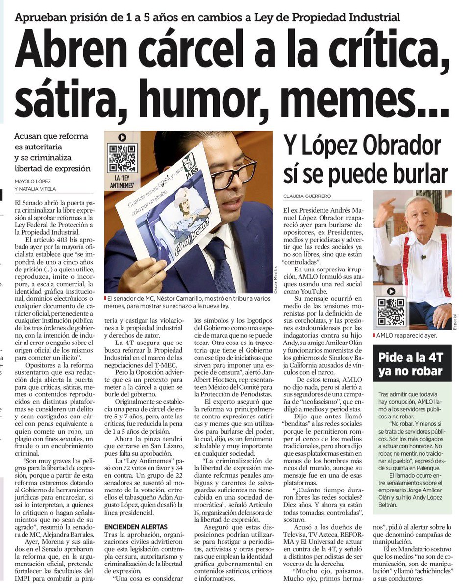 JoseMarioMX's tweet photo. El @senadomexicano aprobó una reforma a la Ley Federal de Protección a la Propiedad Industrial: el artículo 403 Bis prevé de 1 a 5 años de prisión por usar identidad gráfica gubernamental a escala comercial, con intención de engañar sobre su origen oficial para cometer un ilícito. El proyecto pasó a Diputados; esa aprobación no lo convierte todavía en ley vigente. 

¿Por qué podrían quedar expuestas la sátira, la crítica y los memes? Porque pueden utilizar o imitar logotipos y formatos oficiales. @A19libertad advierte que la redacción no distingue suficientemente esos usos de la suplantación delictiva y que “ilícito” no se limita al fraude. No todo meme sería delito: el riesgo es que una interpretación expansiva lleve expresiones protegidas a una investigación penal. 

La afectación a la libertad de expresión puede comenzar antes de una condena: cuando un periodista, caricaturista o ciudadano deja de publicar por temor a enfrentar un proceso. Ese es el riesgo de autocensura que denuncia la organización. No sólo pierde quien calla: también la sociedad, que deja de recibir información, opiniones y críticas.