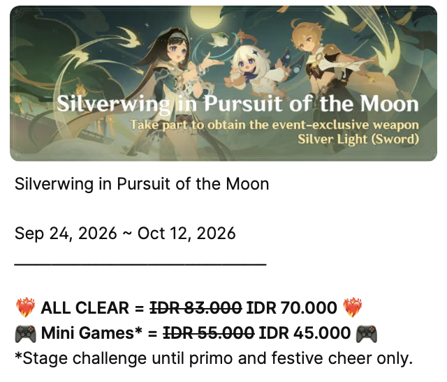 papilirons's tweet photo. Hallo! Chu buka joki Genshin untuk event Silverwing in Pursuit of the Moon🌙 

💰All Clear IDR 70.000💰

Sudah include daily and spend 160 + 40 Resin (domain/leyline only), traveler’s tales, claim Battle Pass points, expedition rewards, serta loyalty card!🤍 https://t.co/Upn5HUeETz