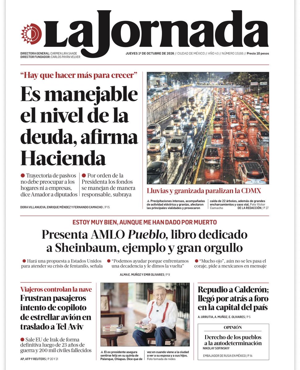 npensamiento's tweet photo. Buen jueves. Es 1 de octubre de 2026. 

Día Internacional del Café
Día Internacional de las Personas de Edad
Día Internacional de la Música
Día Internacional del Vegetarianismo
Día Internacional de la Enfermedad de Gaucher
Día Mundial de la Urticaria Crónica
Día Internacional de la Hepatitis C

Les dejo las #PrimerasPlanas #PortadasNacionales de #Mexico 🇲🇽