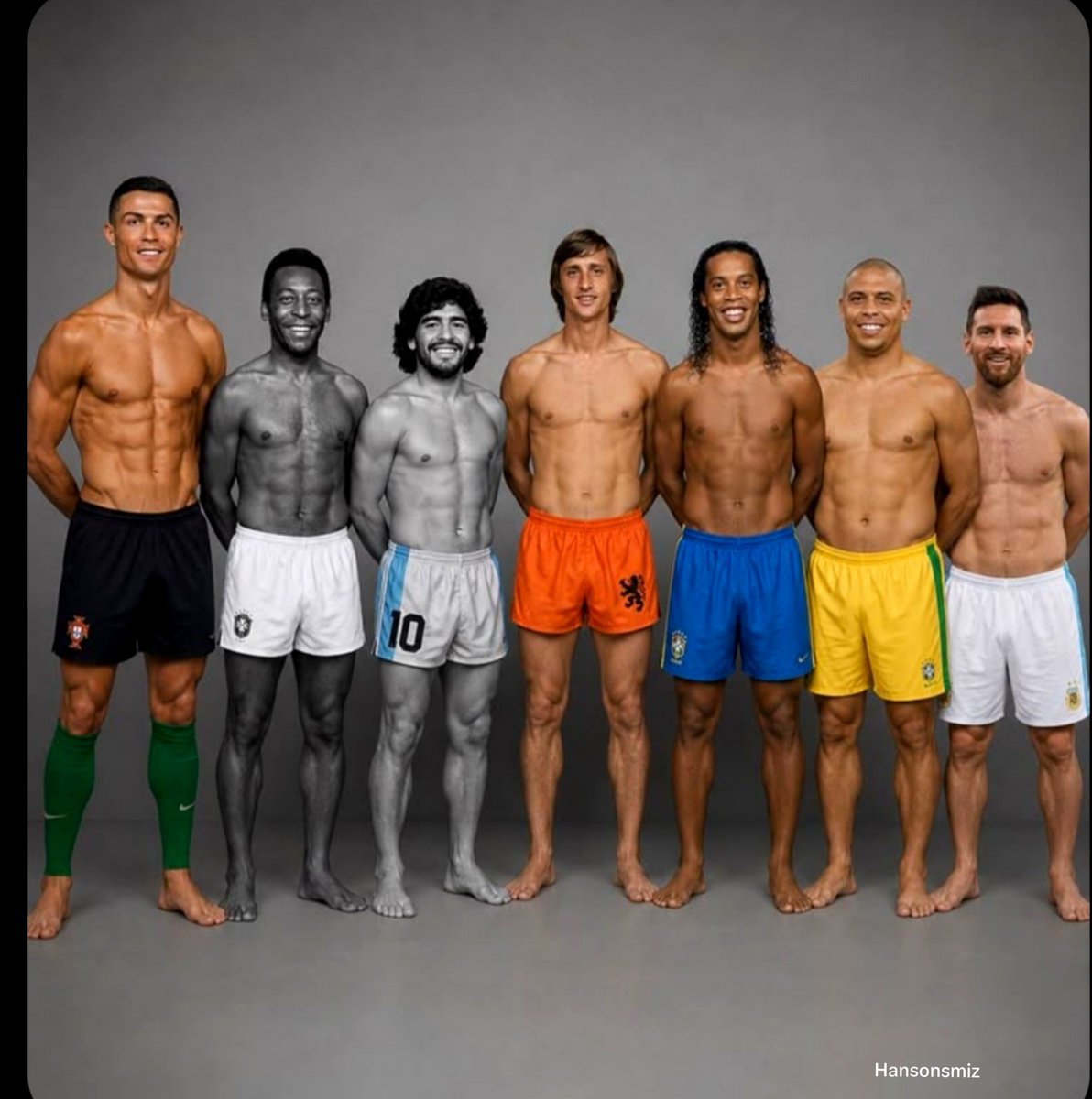 Hansonsmiz's tweet photo. Seven eras, one lineup. Ronaldo, Pelé, Maradona, Cruyff, Ronaldinho, R9, and Messi - the argument ends when they all show up shirtless. https://t.co/sqHGTIf0HP