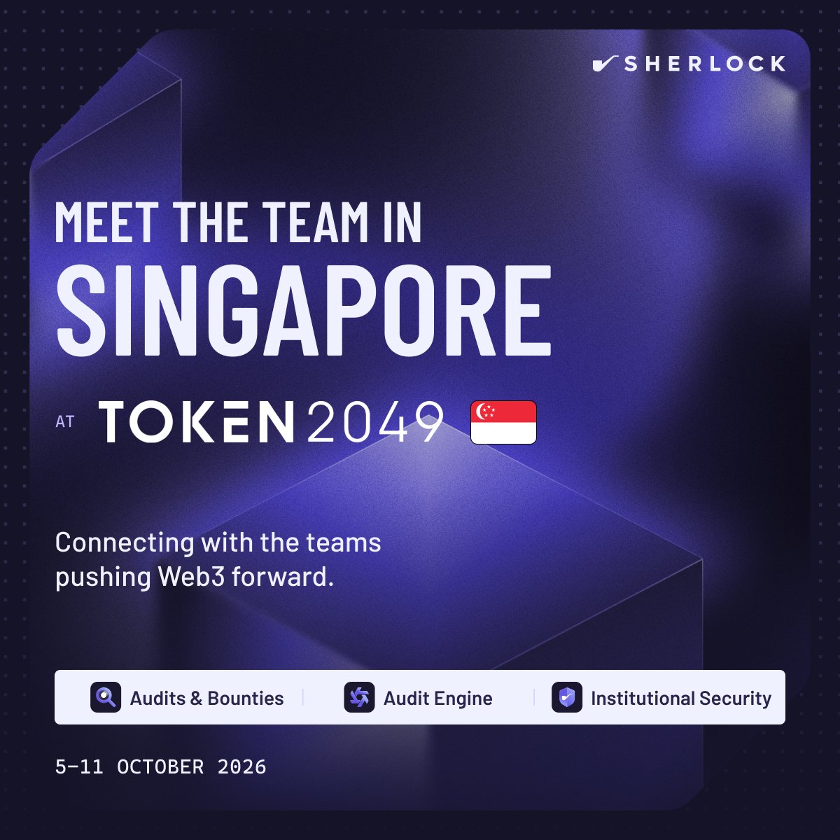 sherlockdefi's tweet photo. The Sherlock team is heading to TOKEN2049 Singapore. 🇸🇬

To our clients, partners, and teams pushing Web3 forward: let’s connect.

We’re talking audits, bug bounties, Audit Engine, and institutional security. Bring us what you’re working on.

Book time with our team:
https://t.co/pfURQT8ETw