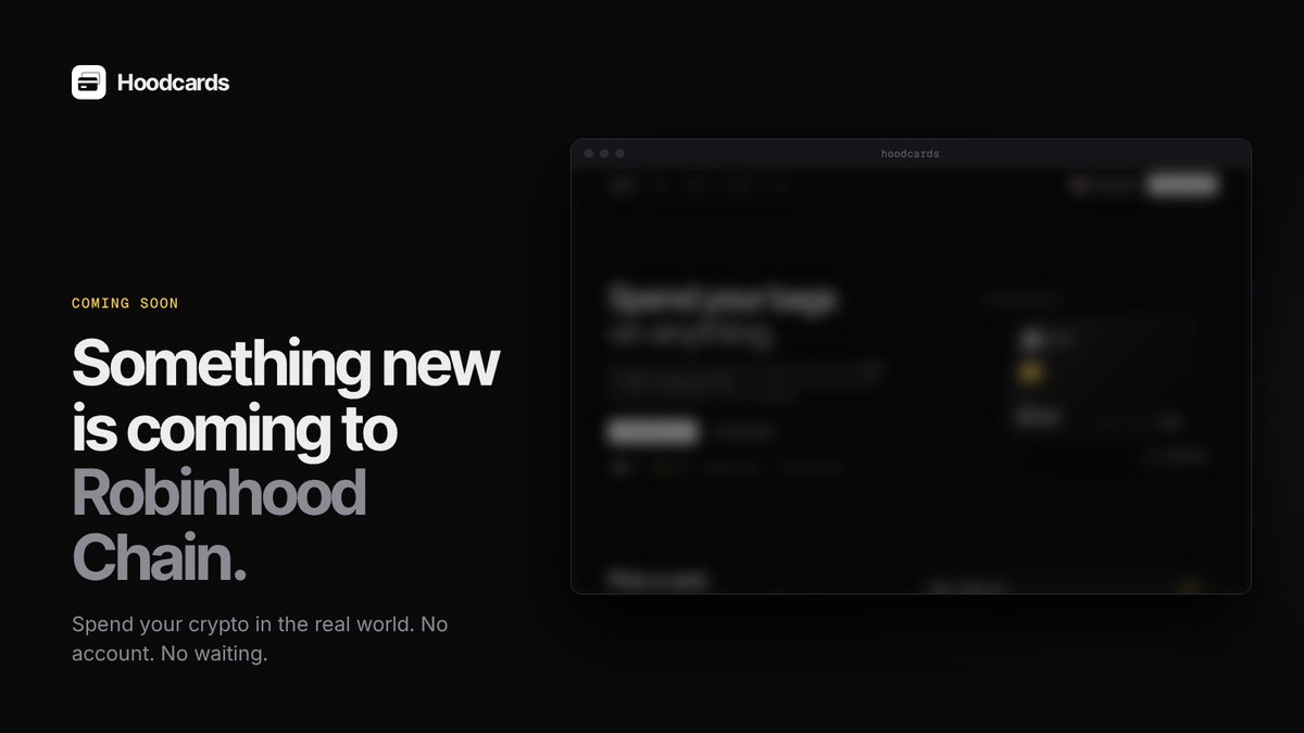 UseHoodCardsRH's tweet photo. Something new is coming to Robinhood Chain. 

Spend your crypto in the real world. https://t.co/XddVTA0QGG
