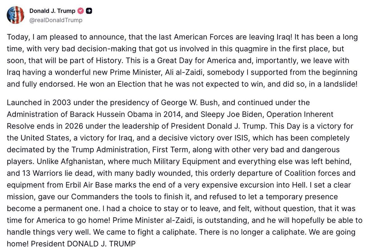 JDVance's tweet photo. I am proud to be a veteran of our great United States Marine Corps, and my time in Iraq shaped me into the man I am today.

President Trump’s announcement yesterday concludes 23 years of American Forces being in Iraq, which is not only personal for me, but for the millions of our brave servicemen and women who have served and continue to serve our great country faithfully.

Thank you Mr. President for fulfilling your promise and for completely eradicating the ISIS caliphate from the face of the Earth. As @POTUS has said, Operation Inherent Resolve is officially over, and this is a victory for both the United States and Iraq. God bless our great nation and our warfighters who protect it.

Semper Fidelis!